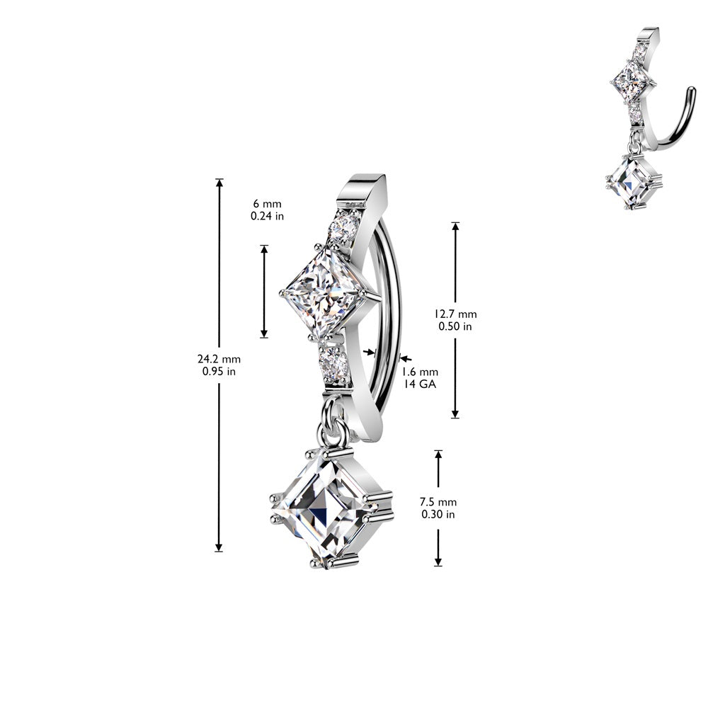 Diamond Shaped CZ Crystal Hinged Curved Bar Belly Button Ring - 316L Stainless Steel