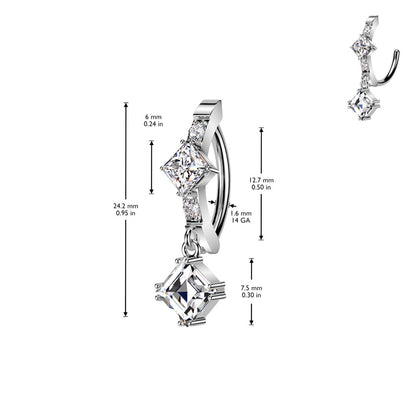 Diamond Shaped CZ Crystal Hinged Curved Bar Belly Button Ring - 316L Stainless Steel