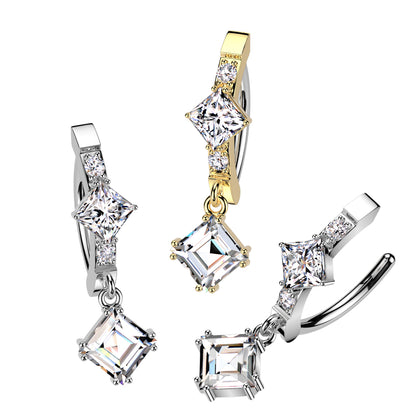 Diamond Shaped CZ Crystal Hinged Curved Bar Belly Button Ring - 316L Stainless Steel