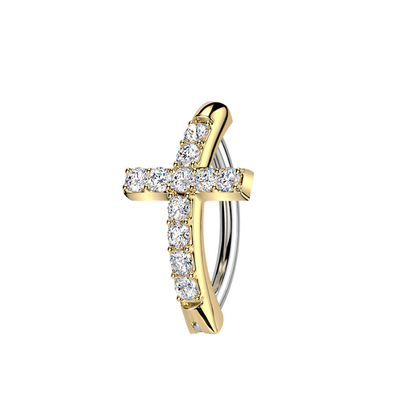 CZ Crystal Cross Hinged Curved Bar Clicker Belly Button Ring - 316L Stainless Steel