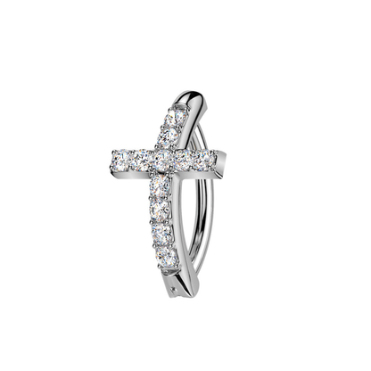 CZ Crystal Cross Hinged Curved Bar Clicker Belly Button Ring - 316L Stainless Steel