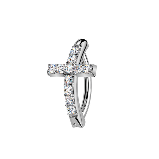 CZ Crystal Cross Hinged Curved Bar Clicker Belly Button Ring - 316L Stainless Steel