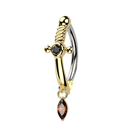 Dagger with Dangling Red CZ Crystal Marquise Hinged Curved Bar Clicker Belly Button Ring - 316L Stainless Steel