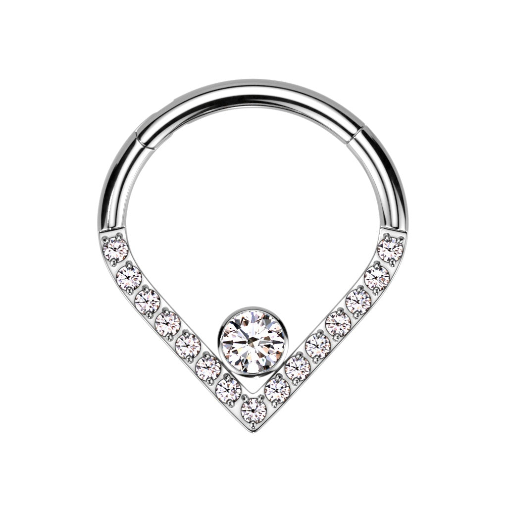 CZ Crystal Center and CZ Crystal Lined Chevron Shaped Hinged Segment Ring - F136 Implant Grade Titanium