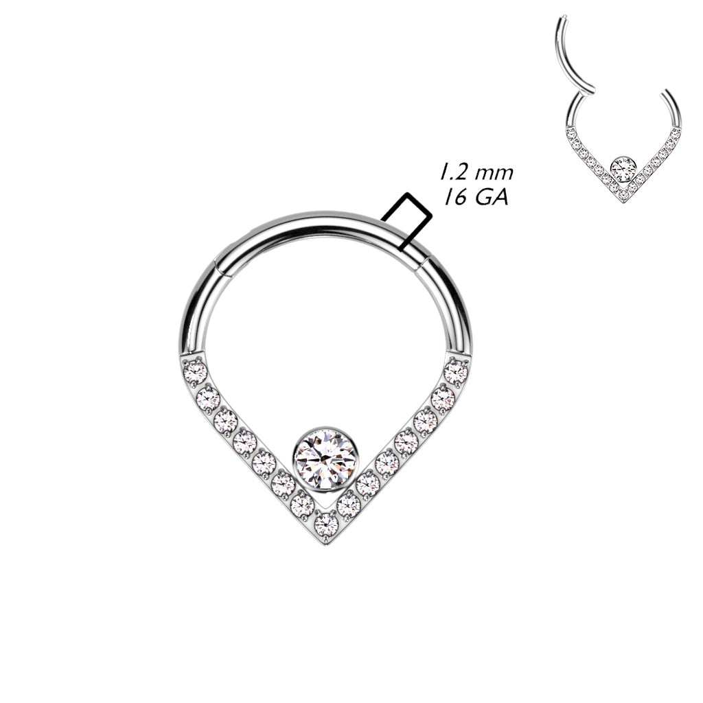 CZ Crystal Center and CZ Crystal Lined Chevron Shaped Hinged Segment Ring - F136 Implant Grade Titanium