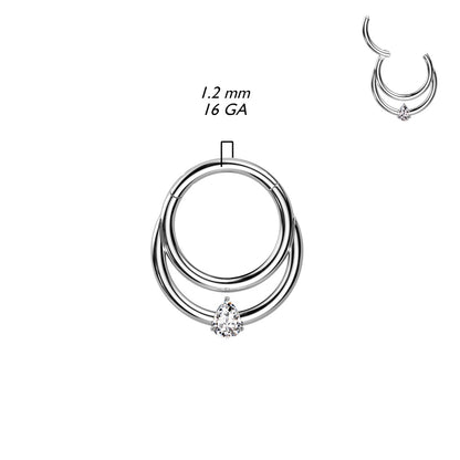 Double Hoop with CZ Crystal Teardrop Center Hinged Segment Ring - F136 Implant Grade Titanium