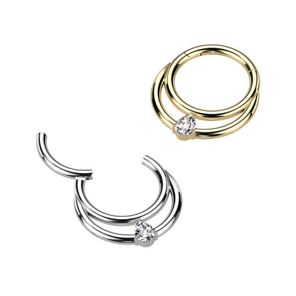 Double Hoop with CZ Crystal Teardrop Center Hinged Segment Ring - F136 Implant Grade Titanium