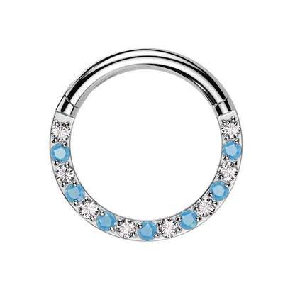 CZ Crystal and Synthetic Turquoise Lined Front Facing Hinged Segment Clicker Ring - ASTM F-136 Implant Grade Titanium