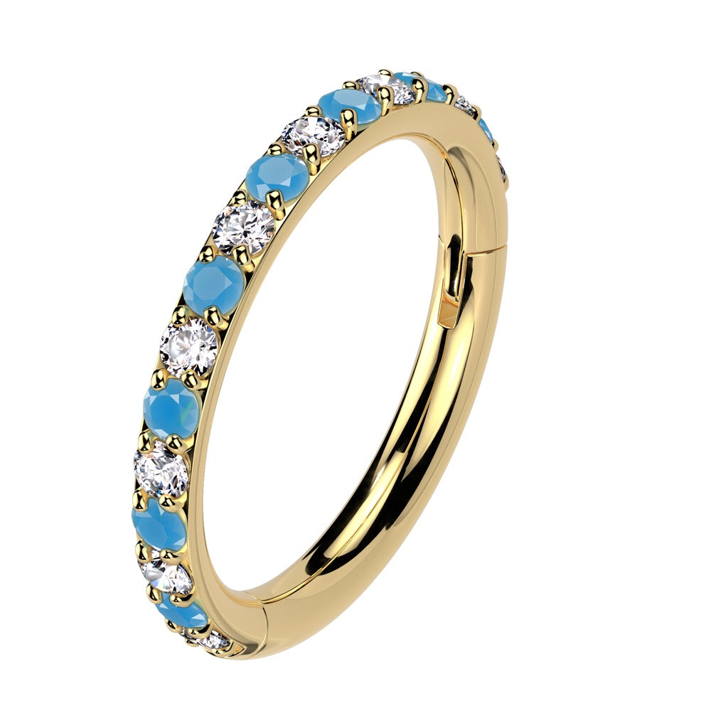 CZ Crystal and Synthetic Turquoise Lined Hinged Segment Clicker Ring - ASTM F-136 Implant Grade Titanium