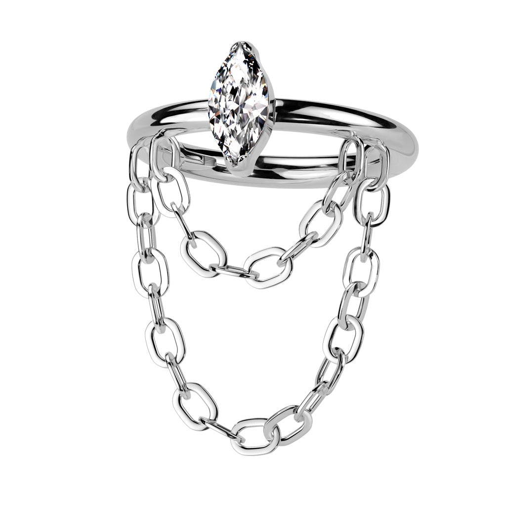 Outward Facing CZ Crystal Marquise with Double Dangling Chain Hinged Segment Clicker Ring - ASTM F-136 Implant Grade Titanium