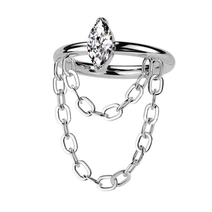 Outward Facing CZ Crystal Marquise with Double Dangling Chain Hinged Segment Clicker Ring - ASTM F-136 Implant Grade Titanium