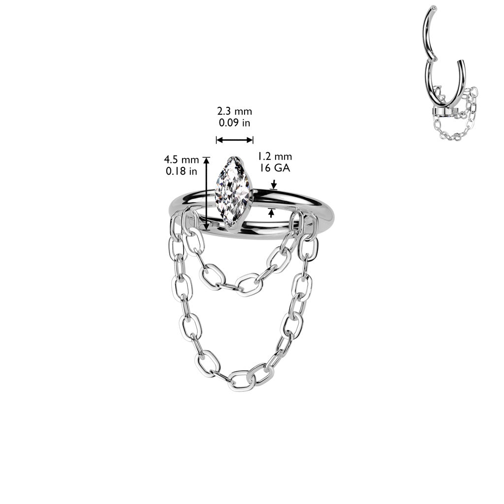 Outward Facing CZ Crystal Marquise with Double Dangling Chain Hinged Segment Clicker Ring - ASTM F-136 Implant Grade Titanium