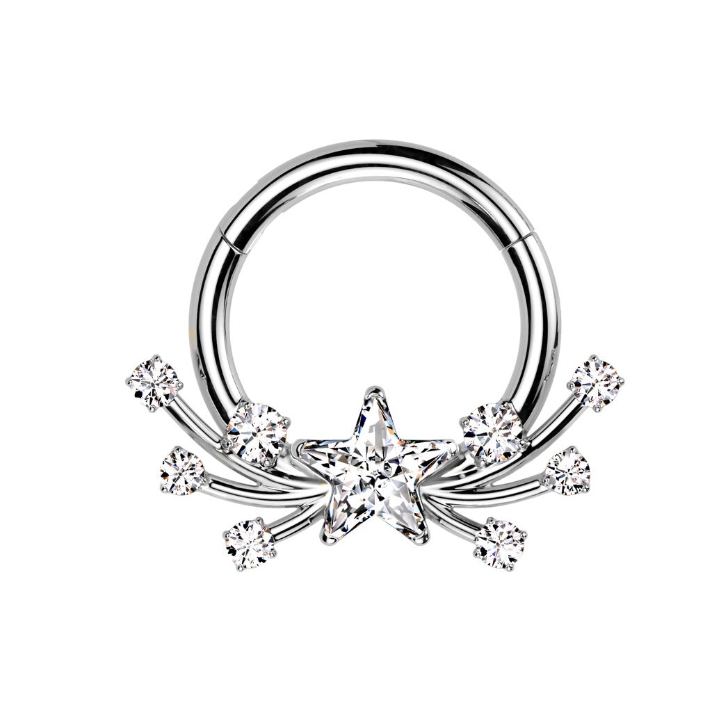 CZ Crystal Shooting Star Center Hinged Segment Clicker Ring - ASTM F-136 Implant Grade Titanium