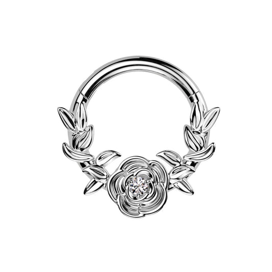 CZ Crystal Rose and Vines Center Hinged Segment Clicker Ring - ASTM F-136 Implant Grade Titanium