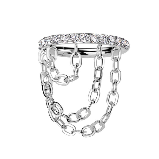 CZ Crystal Lined with Triple Dangling Chains Hinged Segment Clicker Ring - ASTM F-136 Implant Grade Titanium