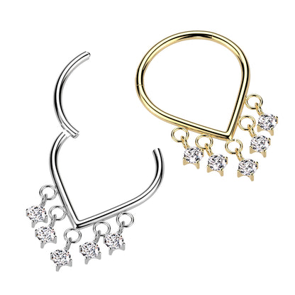 Chevron Shaped Hoop with Dangling Multi CZ Crystals Hinged Segment Clicker Ring - ASTM F-136 Implant Grade Titanium