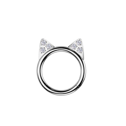 CZ Crystal Cat Ears Hinged Segment Clicker Ring - ASTM F-136 Implant Grade Titanium
