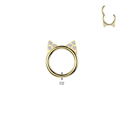 CZ Crystal Cat Ears Hinged Segment Clicker Ring - ASTM F-136 Implant Grade Titanium