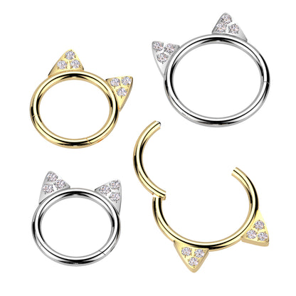 CZ Crystal Cat Ears Hinged Segment Clicker Ring - ASTM F-136 Implant Grade Titanium
