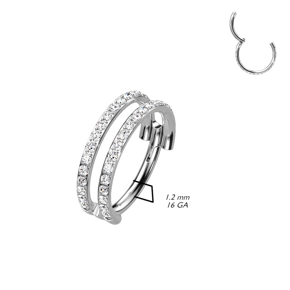 CZ Crystal Paved Double Hoops Hinged Segment Ring - G23 Implant Grade Titanium