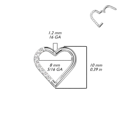 CZ Crystal Paved Heart Shaped Hinged Segment Ring - G23 Implant Grade Titanium