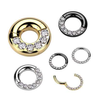 Large Gauge CZ Crystal Lined Hinged Segment Clicker Ring - F136 Implant Grade Titanium