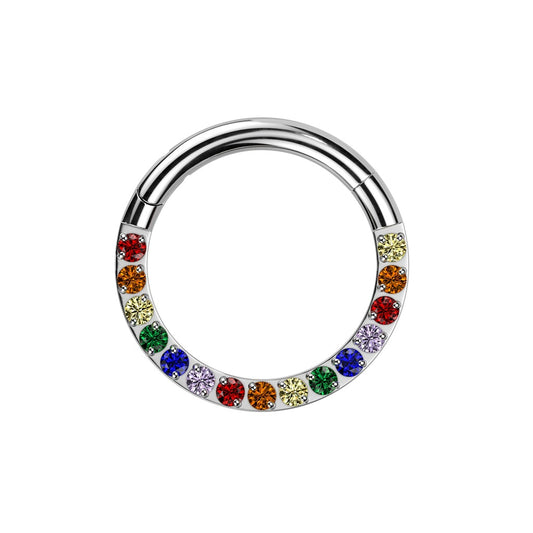 Rainbow CZ Crystal Lined Hinged Segment Clicker Ring- ASTM F-136 Implant Grade Titanium