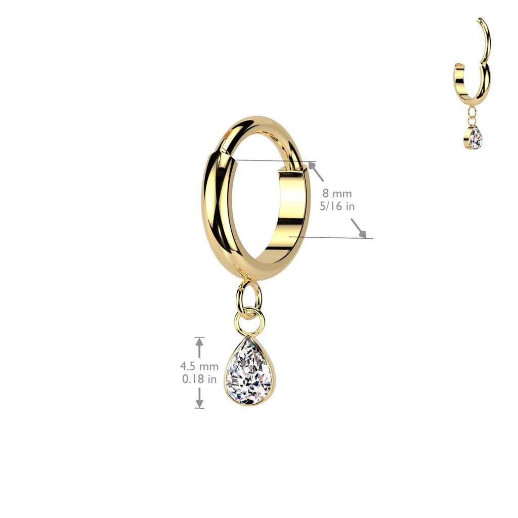 Dangling CZ Crystal Teardrop Hinged Segment Clicker Ring - ASTM F-136 Implant Grade Titanium