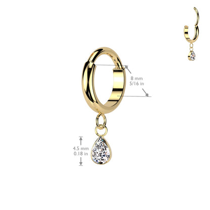 Dangling CZ Crystal Teardrop Hinged Segment Clicker Ring - ASTM F-136 Implant Grade Titanium