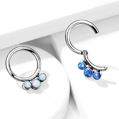 Triple Bezel Set Synthetic Opal Lined Hoop Cartilage Helix Daith Septum Hinged Segment Ring - G23 Implant Grade Titanium