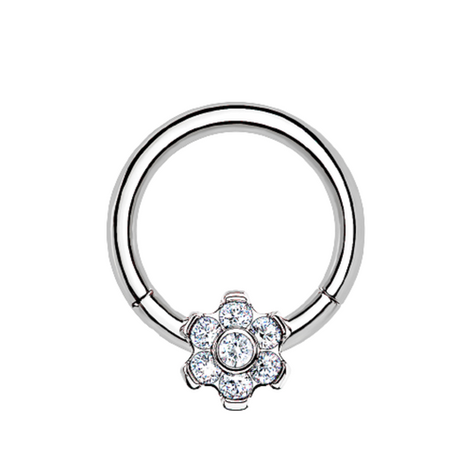 CZ Crystal Flower Hinged Segment Ring - G23 Implant Grade Titanium