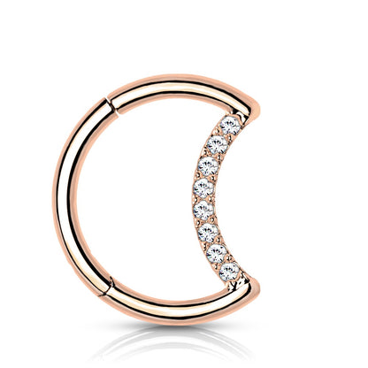 CZ Crystal Paved Crescent Moon Shaped Hinged Segment Ring - G23 Implant Grade Titanium