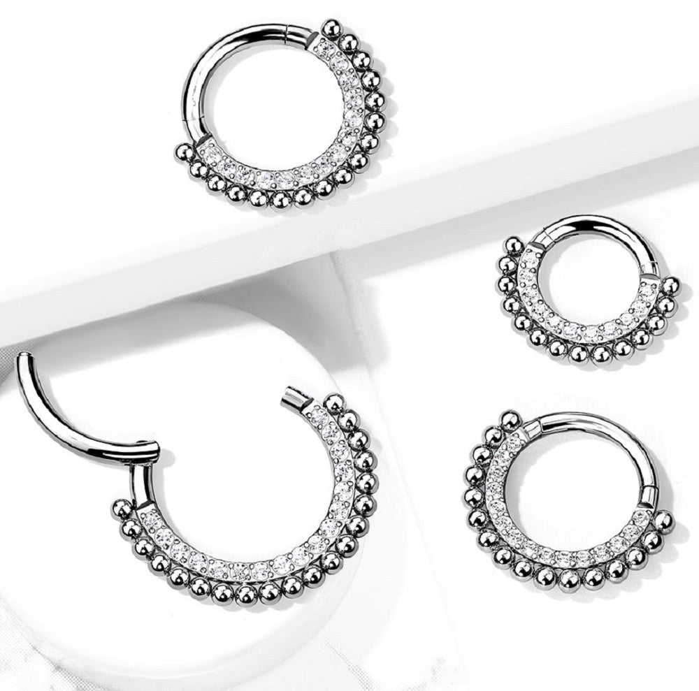 CZ Crystal and Ball Lined Hoop Cartilage Helix Daith Septum Hinged Segment Ring
 - G23 Implant Grade Titanium