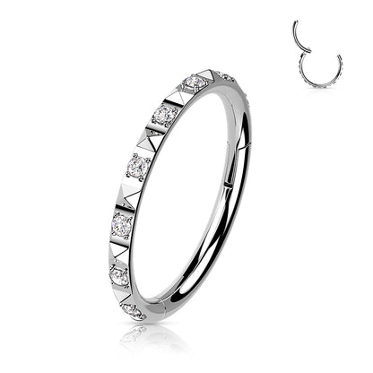 Hoop with CZ Paved In Between Pyramid Cuts Hinged Segment Ring - Implant Grade Titanium