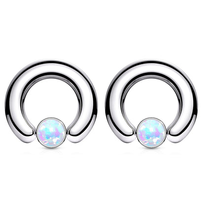 Round Flat Synthetic White Opal Set Captive Rings - 316L Surgical Steel - Pair
