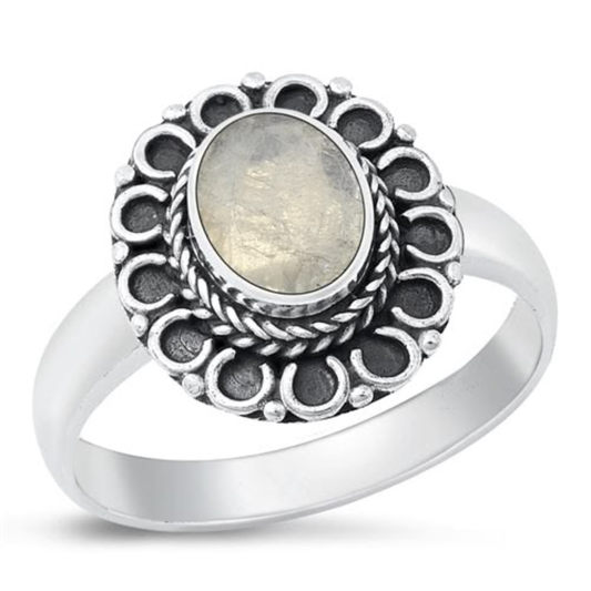 Floral Moonstone Ring - Oxidized 925 Sterling Silver