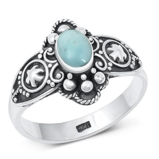 Vintage Style Oval Larimar Stone Bali Ring - 925 Sterling Silver