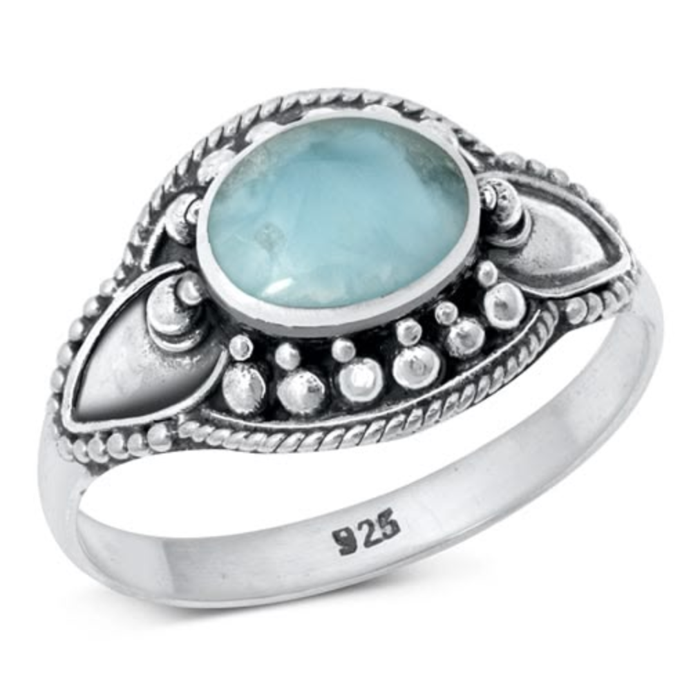 Oval Larimar Stone Bali Ring - 925 Sterling Silver