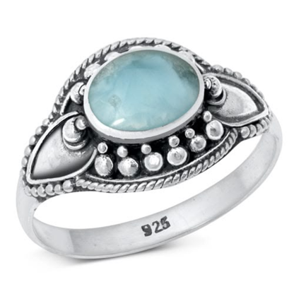 Oval Larimar Stone Bali Ring - 925 Sterling Silver