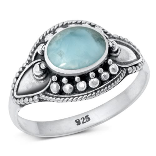 Oval Larimar Stone Bali Ring - 925 Sterling Silver