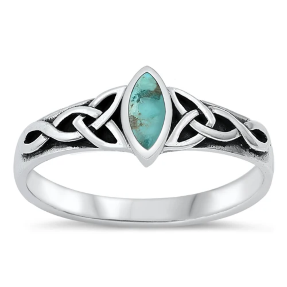 Marquise Shaped Genuine Turquoise Celtic Knot Ring - 925 Sterling Silver