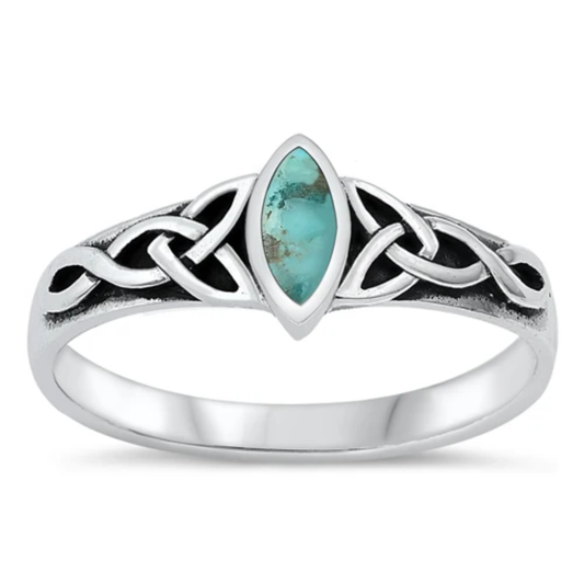 Marquise Shaped Genuine Turquoise Celtic Knot Ring - 925 Sterling Silver