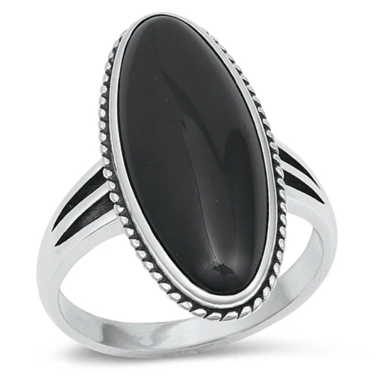Oval Black Onyx Stone Statement Ring - Oxidized 925 Sterling Silver