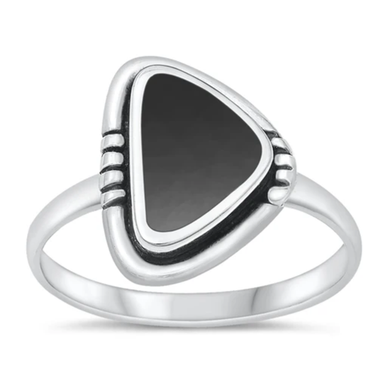 Triangle Black Agate Stone Ring - 925 Sterling Silver
