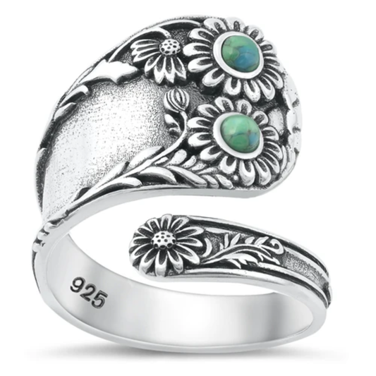Flower and Genuine Turquoise Stone Spoon Ring - Oxidized 925 Sterling Silver