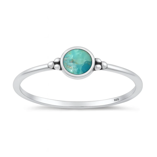 Round Genuine Turquoise Stone with Beaded Accents Ring - Oxidized 925 Sterling Silver