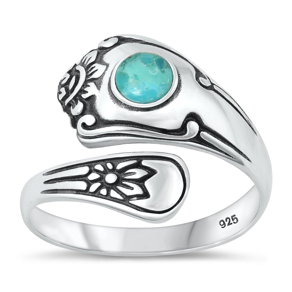 Floral Turquoise Spoon Ring - Oxidized 925 Sterling Silver