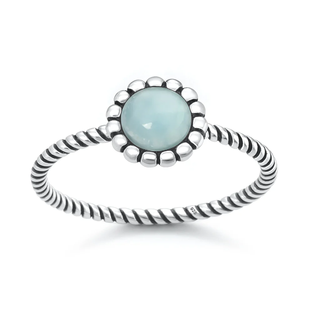 Round Larimar Stone with Scalloped Edge Ring - Oxidized 925 Sterling Silver