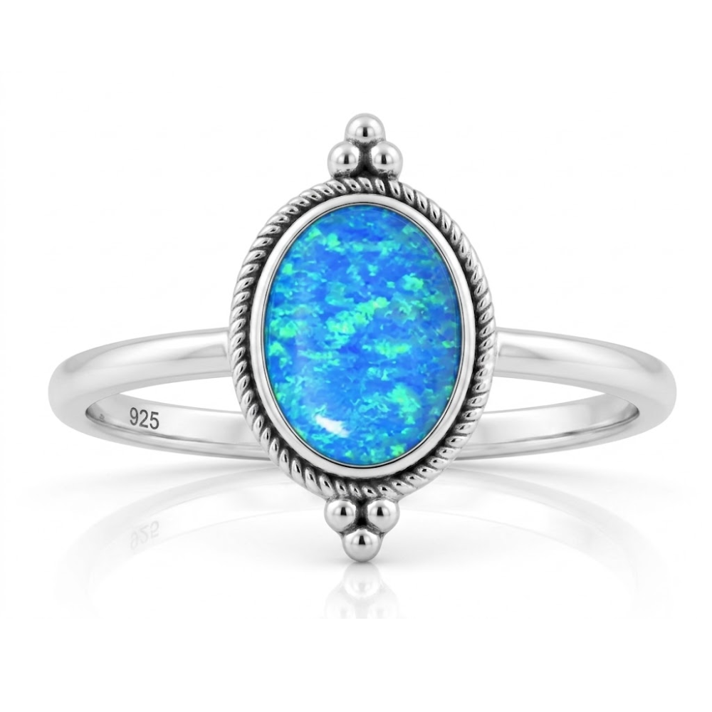 Vintage Style Oval Blue Lab Opal Ring - 925 Sterling Silver