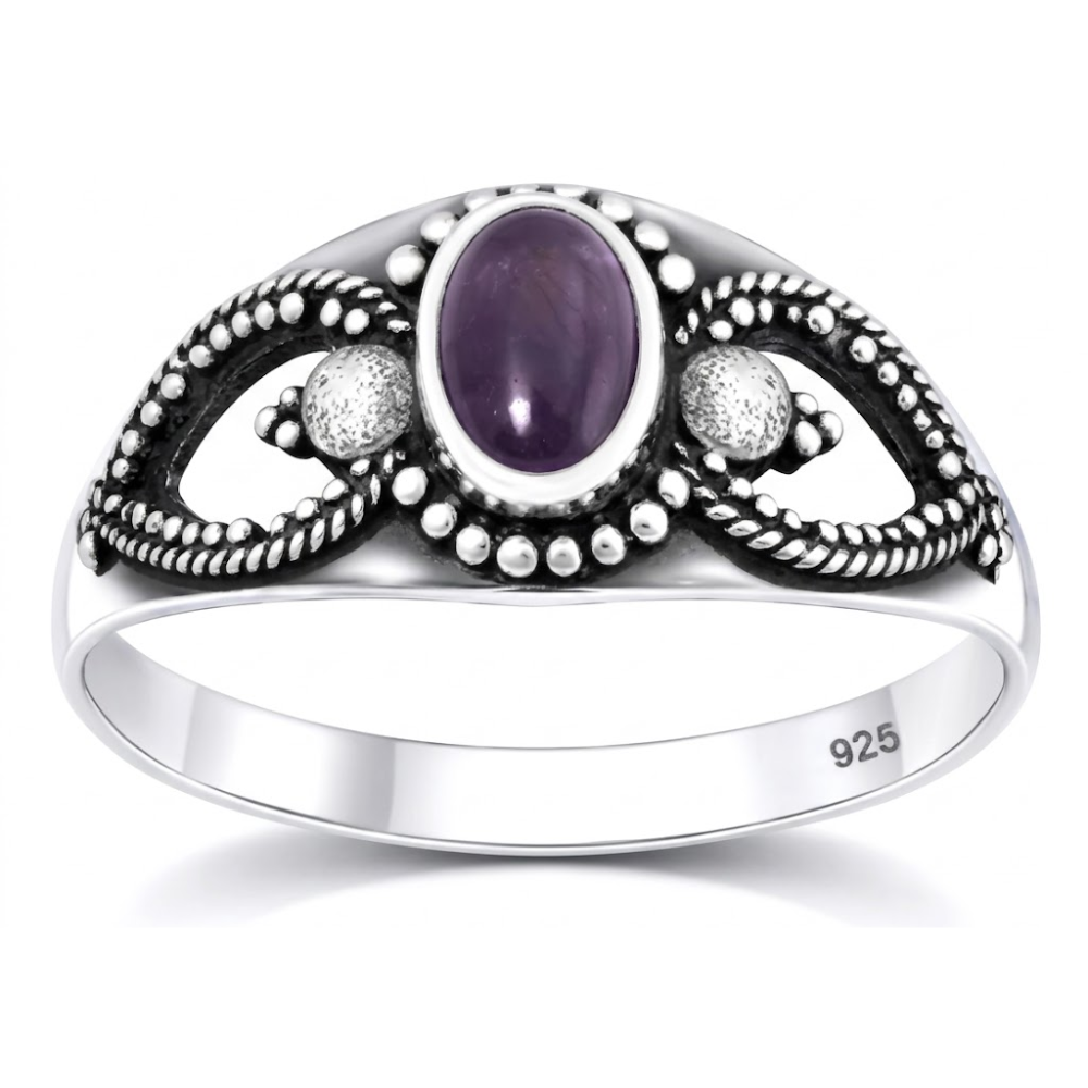Oval Amethyst Stone Centrer Bali Ring - 925 Sterling Silver
